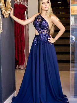  Applique Backless One Shoulder Dark Royal Blue Chiffon Prom Dress