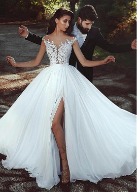 Chiffon Jewel  A-line Wedding Dress See Through  With Lace Slit