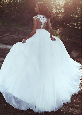 Chiffon Jewel  A-line Wedding Dress See Through  With Lace Slit