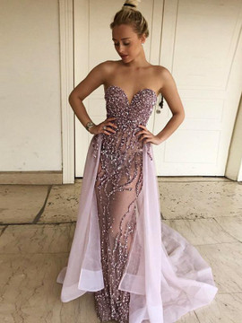 Light Purple Beading Strapless Over-Skirt Prom Dress