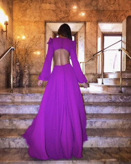 Sexy Purple Long Sleeve V-Neck Open Back Prom Dress