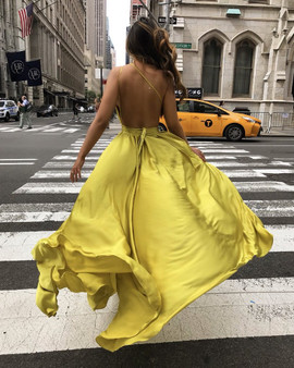 Sexy Yellow One Shoulder Backless Spaghetti Strap Prom Dress