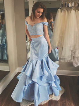 Sexy Two Piece Off Shoulder Pale Blue Prom Dress