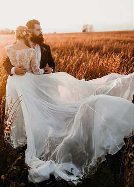 Long Sleeve Bateau See-through Bodice A-line Wedding Dress