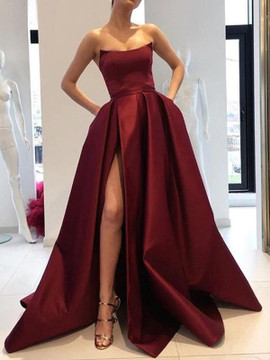 Sexy Slit Burgundy Satin Strapless Pockets Ball Gown Prom Dress