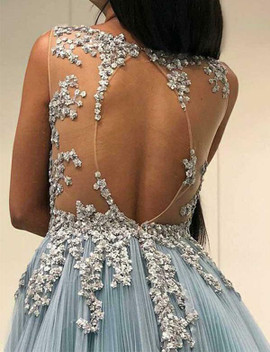 Backless Light Blue Tulle Applique Open Back Prom Dress