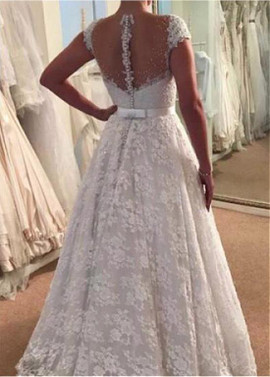 Jewel Beading Lace A-line Wedding Dress With Belt