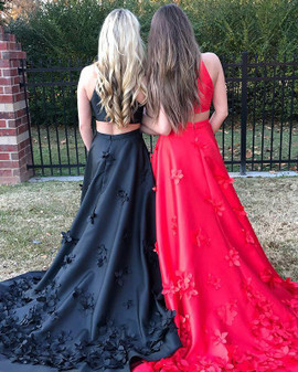 Red Halter Satin Applique Long A-Line Prom Dress