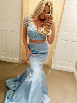Sexy Pale Blue Two Piece Beading Mermaid Prom Dress