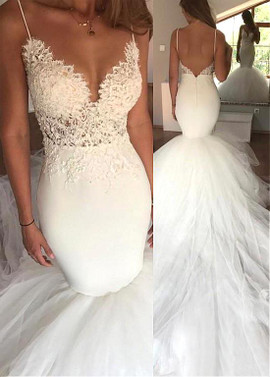 Sexy Satin Spaghetti Straps Backless  Mermaid Wedding Dress