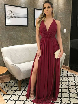 Burgundy A Line V Neck Chiffon Long Prom Dresses with Slit
