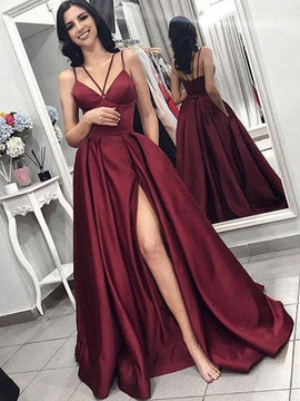 A Line V Neck Spaghetti Straps Satin Burgundy Prom Dresses with Pockets