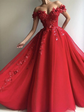 A Line Off Shoulder Tulle Red Long Prom Dress with Appliques Sequins