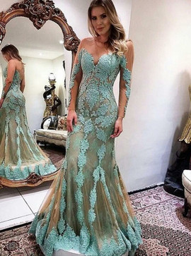 Long Sleeves Mermaid Illusion Neck Prom Evening Dress with Blue Appliques