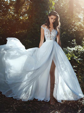 White Illusion Appliques Split Cap Sleeves Chiffon Prom Evening Dress