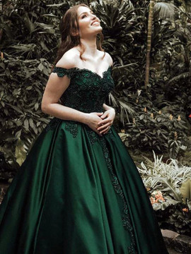 Ball Gown Off-the-Shoulder Green Lace Satin Prom Dress
