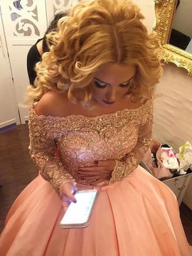 Off-the-Shoulder Beading Satin Ball Gown Long Sleeves  Prom Dress