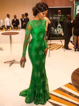 Green Trumpet Mermaid Long Sleeves Applique High Neck Satin Prom Dress