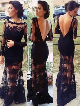 Trumpet Mermaid Long Sleeves Applique Bateau Black Lace Prom Dress