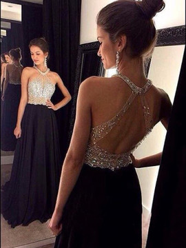 Princess Halter Beading Sleeveless Chiffon Black Prom Dress