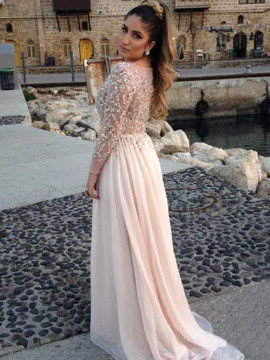 Long Sleeves Bateau Beading Princess Champagne Chiffon Prom Dress