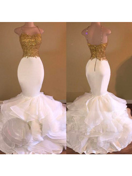 Trumpet Mermaid White Spaghetti Straps Appliques Organza Prom Dress