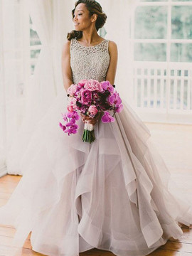  Ball Gown Scoop Beading Gray Sleeveless Organza Prom Dresses