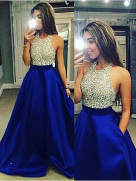 Ball Gown Jewel Crystal Long Satin Floor-Length Prom Dress