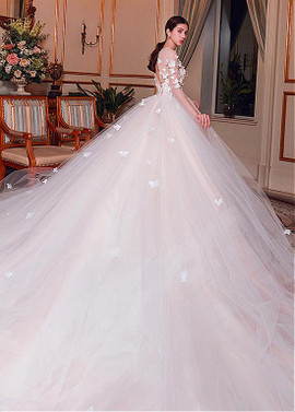 Handmade Flowers Tulle Jewel Ball Gown Wedding Dress