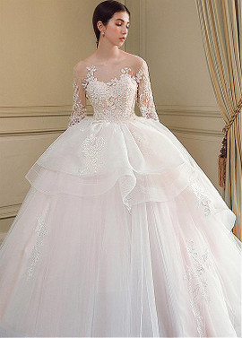Tulle Jewel Long Sleeve Appliques Ball Gown Wedding Dress