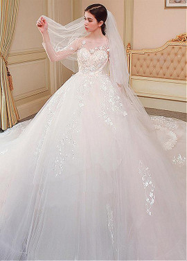Fantastic Tulle Jewel Lace Appliques Ball Gown Wedding Dress