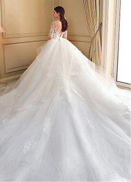 Tulle Jewel Lace Appliques Half Sleeves Ball Gown Wedding Dress