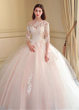 Long Sleeve Appliques Tulle Jewel Ball Gown Wedding Dress