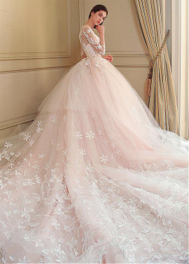 Long Sleeve Appliques Tulle Jewel Ball Gown Wedding Dress