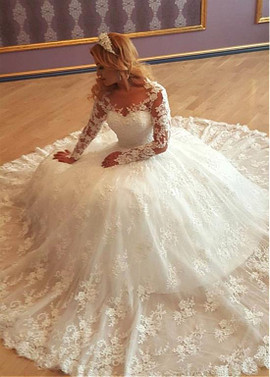 3D Flower Bateau Neckline Ball Gown Wedding Dress With Lace Appliques
