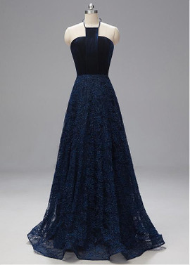 Navy Fleece & Lace Halter Long A-line Prom Dresses
