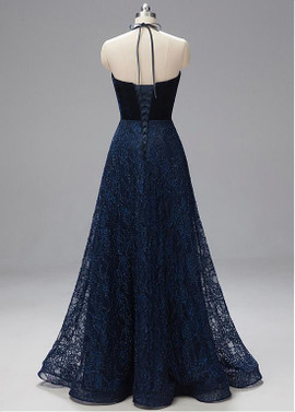 Navy Fleece & Lace Halter Long A-line Prom Dresses
