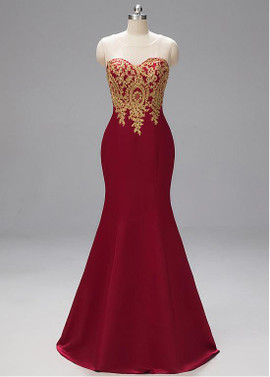 Burgundy Lace & Satin Jewel  Floor-length Mermaid Prom Dress