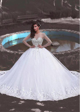  Ball Gown Junoesque Tulle Jewel Wedding Dress With Lace Appliques