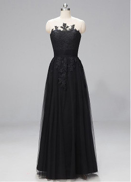 Lace & Tulle Bateau Black A-line Evening Prom Dress