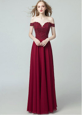 Burgundy Chiffon Off-the-shoulder  A-line Evening Dress