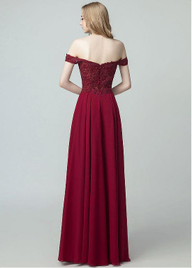 Burgundy Chiffon Off-the-shoulder  A-line Evening Dress