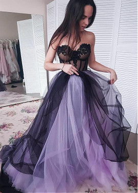 Tulle Sweetheart Purple Appliques Floor-length Ball Gown Prom Dress