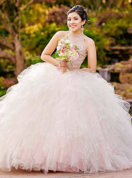 Beading Open Back Pearl Pink Quinceanera Ball Gown Jewel Dress