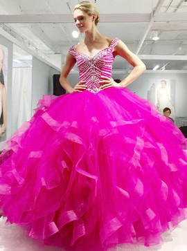 Beading  Fuchsia Ball Gown Scoop Asymmetry Quinceanera Dress