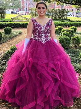  Beading Asymmetry Fuchsia Ball Gown V-Neck Tulle Quinceanera Dress 