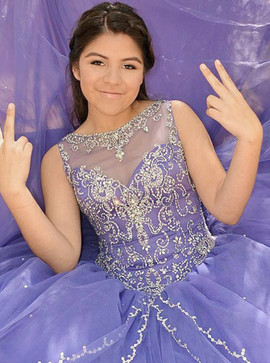 Ball Gown Beading Round Neck Purple Tulle Quinceanera Dress