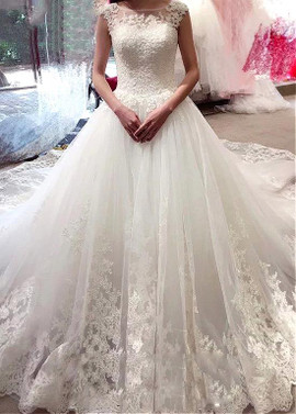  Long Train Tulle Bateau A-line Wedding Dress With Beading