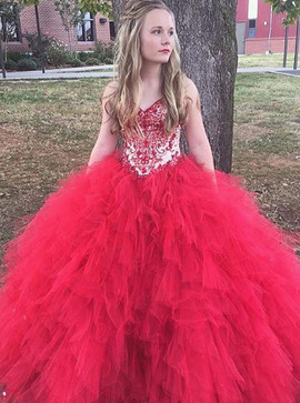 Ball Gown Appliques Spaghetti Straps Red Tulle Quinceanera Dress