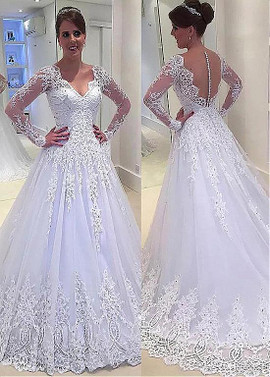 Long Sleeves V-neck A-line Wedding Dress With Bead